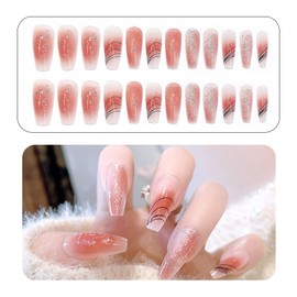Medium Press on Nails Coffin Acrylic False Nails with Glue Gold Pink Black Irregular Stripes Fake Nails Reusable Gel Stick on Nails for Women