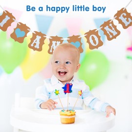 1st Birthday Banner Boy, I AM ONE Banner Easy to Use Upgrade First Birthday Banners for Boys 1st Birthday Party Bunting Banner Baby Shower Decorations Blue