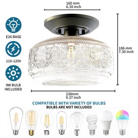 KnLnny Ware Black Flush Mount Ceiling Light with Classical Glass Shade, Ceiling Light Fixture for Hallway Porch Corridor Kitchen Bedroom, 4000K, 9W Bulb Included