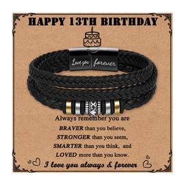 Toplstud 13th Birthday Gifts for Boys - Stainless Steel Leather Bracelets for Boys - 13 Year Old Birthday Presents for Son Grandson Nephew - Layered Bracelets for Teenage Boy