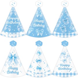 delaimastor 24Pcs Blue Bow Party Hats Coquette Cone Birthday Party Hats with Elastic String for Blue Bow Birthday Baby Bridal Shower Party Supplies