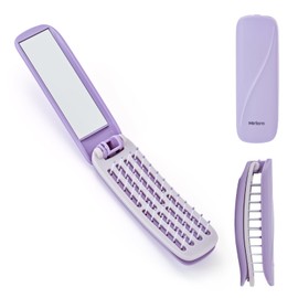 Mirlern Portable Folding Hair Brush with Mirror, Self-Cleaning Travel Comb, Mini Collapsible Detangling Brush for Wet & Dry Hair, Pocket Size Scalp Massage Styling Tool for Women Girls (Purple)