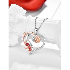 KINGWHYTE Rose Gold Heart Necklace Sterling Silver 925 Rose Heart Necklace Pendant Women's Valentine's Day Birthday Jewellery Gifts for Women Girls, Sterling Silver