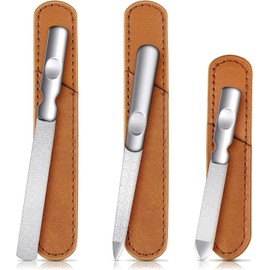 3 Pieces Stainless Steel Nail Files with Leather Case, Double Sided Metal Nail Files with Anti-slip Handle, Metal Nail File Buffer Manicure Pedicure Tools for Fingernail Toenail, Fine and Coarse
