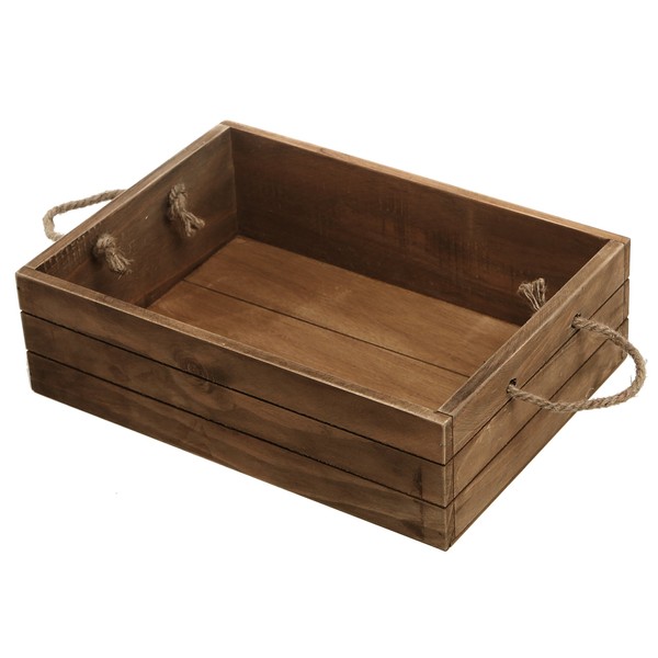 MyGift Rustic Brown Wood Decorative Storage Box with Rope Handles - Country Style Crate, Open Top Pallet Design Bin