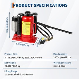 20-Ton Air/Hydraulic Bottle Jack, Heavy Duty Lifting Tool for Cars, Trucks & Trailers with Dual Pneumatic/Manual Operation, Safety Valve & Adjustable Height (10.2"-20.1")