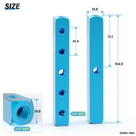 TAILONZ PNEUMATIC 1/4 Inch Blue 5 Way 8 Port Pneumatic Shunt Aluminium Block Pneumatic Manifold Air Distribution Block Air Path Exhaust Air Source Distributor, Compressed Air Manifold Pneumatic Block