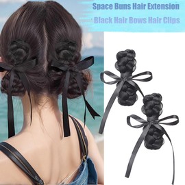 Space Buns Hair Extension Black Hair Bows Hair Clips Synthetic Hair Bundle Women Ponytail Hair Accessories 2 Pcs