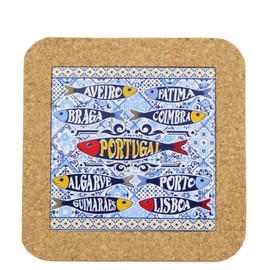 Portuguese Cork & Ceramic Tile Small Trivet with Sardine and City Names Design