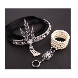 shoperama 20`s Costume Accessory Set Daisy Headdress Bracelet Ring Rhinestone Beads 20 Flapper Charleston Colour: Black/Silver
