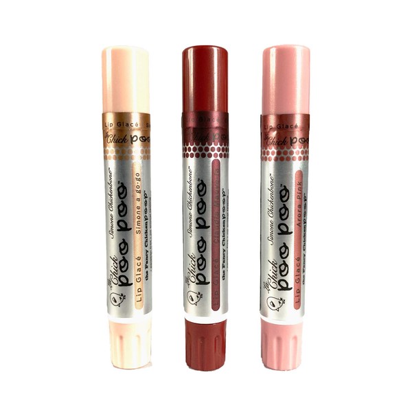 Lip Shimmer by Simone Chickenbone - 100% Natural Moisturizer La Chick Poo Poo Tinted Lip Balm - Vitamin E Lip Plumper for Dry, Chapped Lips - 3 Pack Combo of Glace Mauve, Arora Pink, Nude - Made in USA