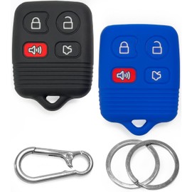 2pcs Click&Fit Silicone Key Fob Covers Compatible with 1998-2013 Ford Explorer Escape Focus Fusion Mustang Crown Victoria, Lincoln Navigator, Mercury – Car Key Shell Rubber case 4-Buttons, Black+Blue