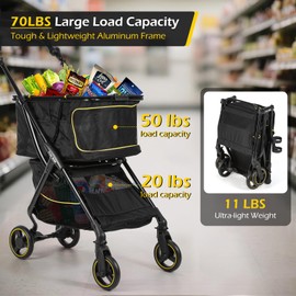 Dyna-Living Folding Shopping Cart for Groceries, 70LBS Load-Capacity Foldable Shopping Stroller with 360° Swivel ER Wheels, Height-Adjustable Handle, Aluminum Frame Portable Collapsible Grocery Cart