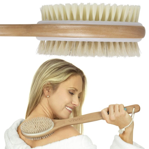 Vive Body Brush - Dry Skin Shower Exfoliator - Bath Scrubber For Wash Brushing, Exfoliating, Cellulite, Foot Scrub, Leg Exfoliant - Soft and Stiff Massage Bristles - Wooden Long Handle