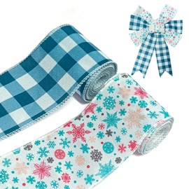 HIENAJ 2Rolls 10 Yards Blue Snowflake Ribbon White Ribbon Snowflake Ribbon 2.5 Inch Christmas Wired Ribbon Blue Checkered Ribbon for Winter Holiday Decor, Christmas Tree Garland Wreath, Gift Wrapping