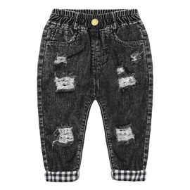 KIDSCOOL SPACE Toddler Kids Ripped Holes Elastic Waist Plaid Lining Jeans,Black,6-12 Months