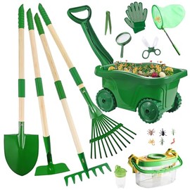 Duckura Kids Gardening Tools Bug Catcher Kit, Outdoor Toys with Wheelbarrow Set and Shovel, Rake, Bug Catcher Kit, Summer Yard Digging Weed Birthday Gifts Toys, Easter for Boys Girls Age 2 3+