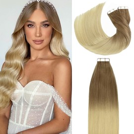 Lacerhair 16inch Tape on Hair Extensions Remy Human Hair T#10-613 Ombre Bronde to Bleach Blonde Color 50g 20pcs/set