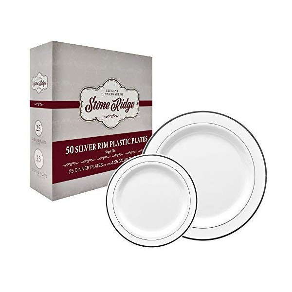 50 Classy Disposable Plastic Plates, 25 Pieces of 10.25 Inch and 25 Pieces of 7.5 Inch White Plates, Silver Trim
