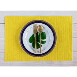 100% Cotton Ribbed Placemats - Set of 4-13 x 19.5 Inches - Yellow - Everyday/Thanksgiving/Fall Thick Construction Fabric Table Mats - Washable Reusable Cloth Place Mats - by AVKA Studio