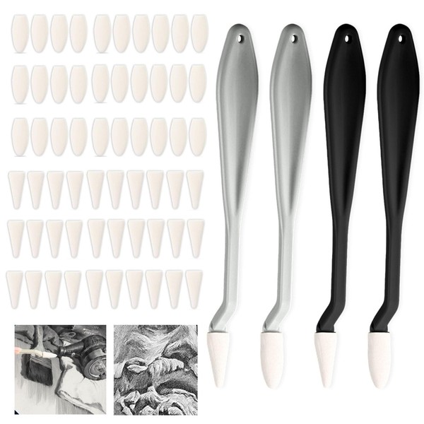 4pcs Sketch Drawing Tools, Blending Stumps with 60PCS Sponge Heads,