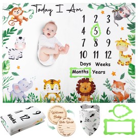 Guiqulai Baby Milestone Blanket for Baby Boy, Animals Baby Monthly Milestone Blanket Safari Baby Growth Blanket Newborn Photography Background with Wooden Signs, Frames, Bandana