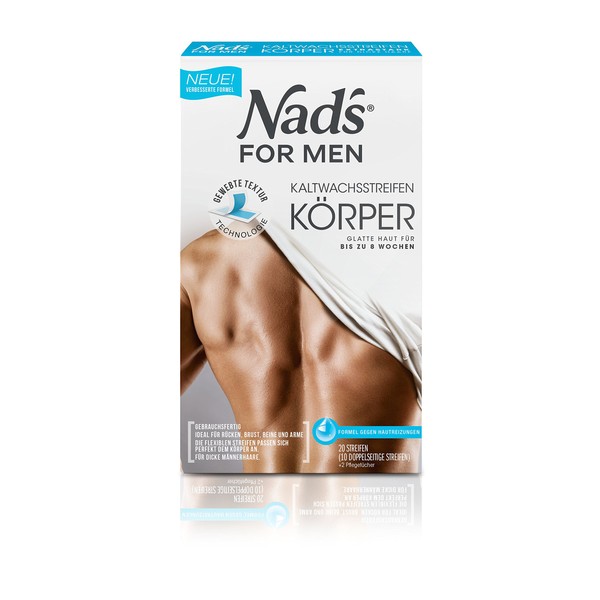 Nad's For Men Cold Wax Strips Men - Hair Removal for the Body, All Skin Types, 20 Wax Strips + 2 Care Wipes