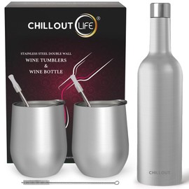 CHILLOUT LIFE 12 oz Stainless Steel Wine Tumblers 2 Pack & 1 Insulated Wine Bottle - Double Wall Vacuum Insulated Wine Glasses Cups with Lids and Straws Set Keeping Cold & Hot Gift Set