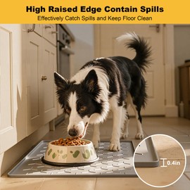 Pieviev Dog Cat Food Bowl Mat, Silicone Waterproof Food Grade Pet Food Mat for Floor, High Raised Edge to Prevent Spills, Non-Slip & Easy Clean Pet Placemat for Dog & Cat Bowls, 34''x22'', Light Gray