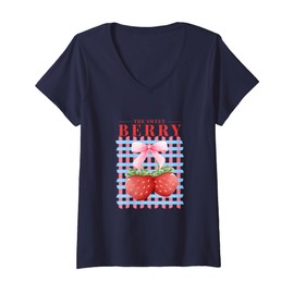 Womens Coquette Strawberry Pink Bows Girl Fruit Lover Birthday V-Neck T-Shirt