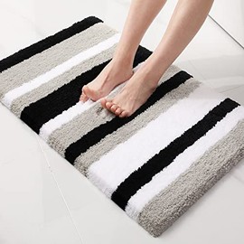 Buganda Microfiber Striped Bathroom Rugs Bath Mat, Extra Thick, Soft and Shaggy, Absorbent, Machine Washable, Anti-Slip Bath Rugs for Bathroom, Tub and Shower, 16x24, Black-Grey