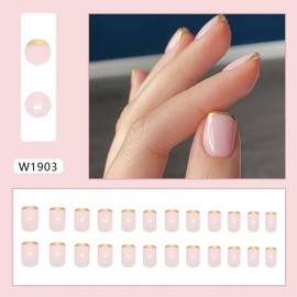 24Pcs French Tip Press on Nails Short Fake Nails Nude Pink Stick on Nails Gold Tip Square False Nails with Designs Reusable Acrylic Nails Press ons Full Cover Stick on Nails for Women