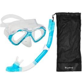 Blue Reef Sentinel Snorkel Mask Set Turquoise, Snorkeling Gear for Adults Set Includes Sentinel Mask w/Twin Tempered Glass Lenses for Increased Clarity, Cortes Dry Snorkel and Mesh Bag