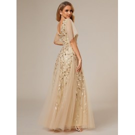 Ever-Pretty Women's V Neck A Line Empire Waist Embroidery Sequin Tulle Evening Prom Dresses Navy Blue 8UK