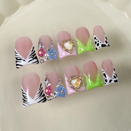 10 Pcs Handmade Press on Nails Medium Duck Fake Nails French Tip 3D Heart Rhinestone Pattern Design False Nails with Glue,3D Flower Full Cover Artificial Acrylic Stick on Nail for Women (Size S)