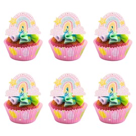 Gyufise 24Pcs Rainbow Clouds Cupcake Toppers Glitter Sun Rainbow Cupcake Picks for Boys Girls Rainbow Theme Baby Shower Birthday Party Decorations Supplies
