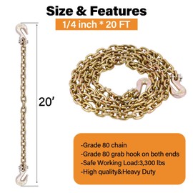 Lechansen 1/4" Tow Chain Grade 80, Transport Binder Chain 1/4 Inch × 20 FT, G80 Grab Hook Heavy Duty, 3,300 lbs Working Load Safety Logging Chains for G80 Binders Tie Down