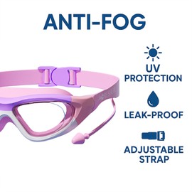 Swimming Goggles with Ear Plugs, Anti-Fog Lenses, Mint Green and Yellow, Adjustable Head Strap (purple pink)
