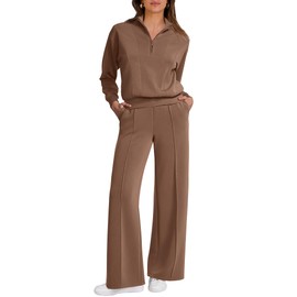 Caracilia 2 Piece Outfits for Women Fall Sweatsuits Oversized Half Zip Sweatshirt Sweatpant Matching Lounge Sets Tracksuit Brown L