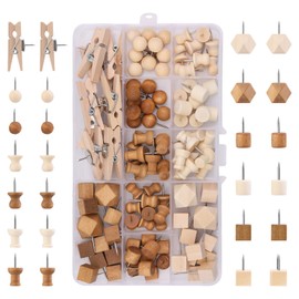 Wood Push Pins, 114 Pcs Decorative Thumb Tacks Wooden Head Pin Wood Map Tacks Marking Pin（2 Colors and 7 Types）, Wood Thumb Tacks Decorative for Bulletin Boards Craft Projects with Storage Box