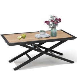 JOINHOM Patio Coffee Table Height Adjustable - Outdoor Coffee Side Table with Waterproof, Rust-Proof, Patio Table Rectangle Coffee Table with Wood Grain Table Top, Light Weight