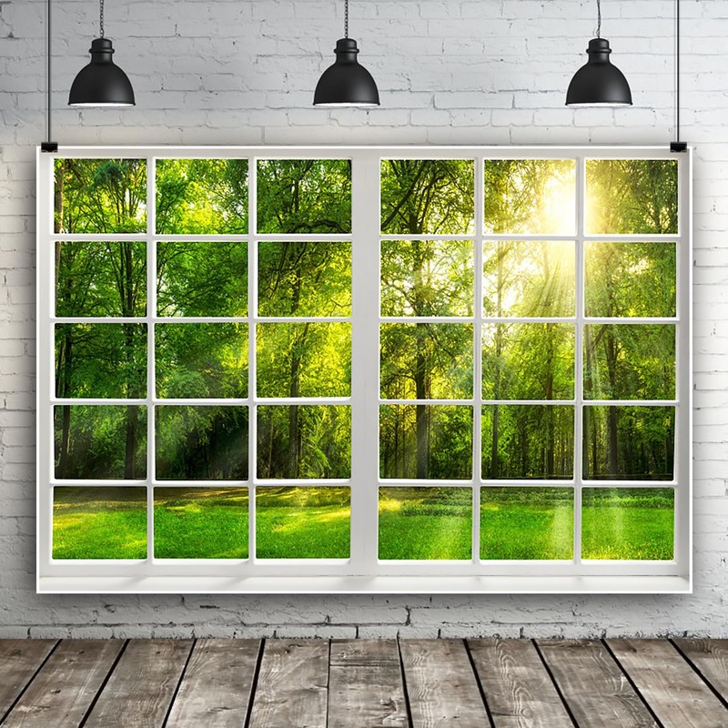 Renaiss 5x3ft Sunshine Forest Window Backdrop for Photoshoot Portrait Green