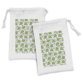 Lunarable Frog Fabric Pouch Set of 2, Hand Drawn Like Pattern of Funny Animals and Water Lilies with Flowers on Pond, Small Drawstring Bag for Toiletries Masks and Favors, 9" x 6", White Lime Green