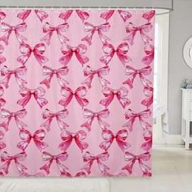 jejeloiu Kids Watercolor Bows Shower Curtain 72"x72" Pink Bow Ribbon Bathroom Shower Curtain Set for Boys Girls Vintage Princess Themed Bath Curtain Kids Bathroom Accessories