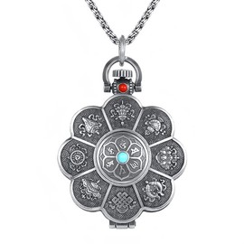 Chiorgone Tibetan Buddhist Mantra Pendant Necklace - 8 Auspicious Symbols Lotus Charm with Six Sacred Words, Stainless Steel Unisex Jewelry for Spiritual Protection & Men's Cultural Accessories, One