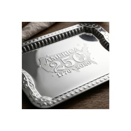 4 Pack America 250th Anniversary 1776-2026 Silver Serving Trays with 4 Patriotic Toothpick Flags, Gift Box 14.1" x 10.6" Stackable Rectangular Platters for July 4th Party, BBQ, Appetizers, Food