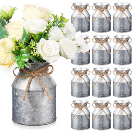 Domensi 12 Pcs 5.12 Inch Farmhouse Metal Flower Vase Decor Galvanized Milk Can Jug Vase with Twine Bow Rustic Flower Buckets for Floral Table Centerpiece Home Dinging Room Wedding Decor (Iron Color)