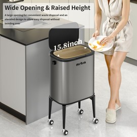 MRBIN Metal Kitchen Trash Can with Wheel Legs, 36L / 9.5gal Medium Press Lid Slim Removable Waste Basket, Pet Proof Tall Narrow Garbage Pail for Vanity, Bedroom, Bathroom, Living Room, Eclipse Grey