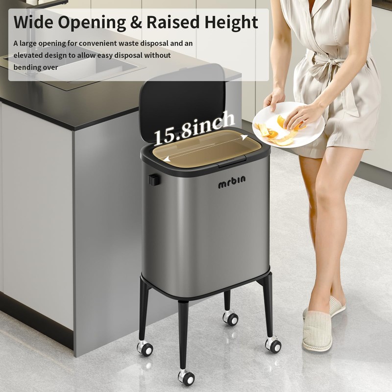 MRBIN Metal Kitchen Trash Can with Wheel Legs, 36L /