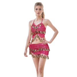 Jormino Latin Belly Dance Costume Padded Bra Top & Hip Scarf, Women's Sequin Fringe Dance Outfits Rose